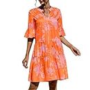 Skang Summer Dresses for Women UK Sleeveless Ladies Dress Casual V Neck Beach Dress Swing Button Midi Sundress Dress with Pockets Orange