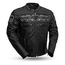 First MFG Co. - Savage Skulls - Men's Motorcycle Leather Jacket |Men’s Leather Jacket for Ridding (Black) (Black) (Large)