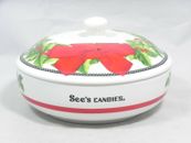 See's Candies Ceramic Christmas Covered Candy Dish Holly & Berries Bowl Red Bow