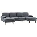 HOMCOM U Shape Sofa with Double Chaise Lounge, Modern 4 Seater Couch with Wooden Legs and Arms, Fabric Sofa for Living Room, Bedroom, Dark Grey