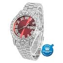HALUKAKAH Diamonds Gold Watch Iced Out, Men's Platinum White Gold Plated 42MM Width Red Dial Quartz Wristband 24cm, Free Giftbox