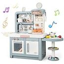 COSTWAY Kids Kitchen Playset, Pretend Cooking Toy with Real Sounds & Light, Steam, Running Water, 49 PCS Accessories, Role Play Kitchens for Boys Girls (Gray)
