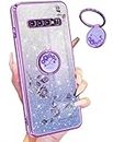 Likiyami (3in1 for Samsung Galaxy S10 Plus Case for Women Girls Glitter Girly Cute Bling Flowers Purple Phone Cases with Ring Stand Design Floral Sparkle Shiny Pretty Cover for Samsung S10 Plus 6.4''
