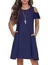 Arshiner Girl's Short Sleeve Cold Shoulder A-line Swing Solid Color Casual Dress with Pockets Navy Blue 4-5T