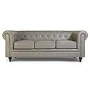 Bravich Leather Chesterfield Sofa- Grey. 3 Seater Settee, Faux Bonded Leather Vintage Couch. Living Room Furniture, Easy Clean. 3 Seater- 209cm x 90cm x 78cm