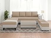 WOODREAM Left Facing Upholstered L Shape 8 Seater Sofa Set | Sectional Leatherette Fabric Sofa Set with Centre Table, 2 Puffy Ottomans and 4 Small Pillow for Living Room & Drawing Room | Beige & White