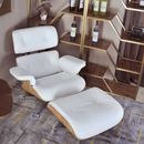 Ashwood Blanco Lounge Chair Y Otomano Cuero Auténtico Salón Sillón Silla Muebles