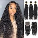 Human Hair Deep Wave Bundles with Lace Closure (26 28 30+22 Closure) 3 Curly Bundles and Closure Free Part 100% Unprocessed Remy Hair 4x4 Lace Closure with Baby Hair Natural Color Pre Plucked