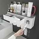 iHave Portaspazzolino per bagno, 4 tazze, portaspazzolino da parete con dispenser di dentifricio, vassoio grande capacità, 2 cassetti per cosmetici, conservazione e organizzazione del bagno