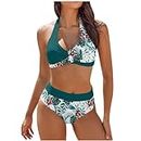 Traje de baño tankini de dos piezas para mujer, cintura alta, cuello halter, conjunto de bikini con bloques de color, traje de baño para mujer, Verde1, S