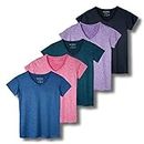 5-Pack Women's Short Sleeve V-Neck Activewear T-Shirt Dry-Fit Moisture Wicking Perfomance Yoga Top (Available in Plus Size), Set 7, Medium