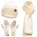 Womens Winter Knit Beanie Hats and Touchscreen Gloves Long Scarf Set with Warm Fleece Lined Skull Caps Gloves Scarves for Women