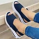 HOOJUEAN Womens Wedge Platform Buckle Strap Sandals, Ladies Spring Retro Round Head Loafers for Women Fashion Wedge Platform Buckle Strap Sandals Ladies Cusual Solid ShoesBlue-39
