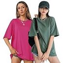 London Hills Women's Casual Round Neck Solid, Oversized Longline Drop Shoulder T-Shirt Green_ Magenta
