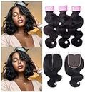 Sexycat Body Wave Bundles with 4x4 T Part Lace Closure Human Hair 8 8 8+8 Inch 100% Unprocessed Brazilian Virgin Hair Extensions Weave Weft Bundles with T Part Closure