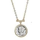 American Coin Treasures Mercury Dime Coin Pendant Bar Necklace | Goldtone Flat Cable | 18 Inch 3 Inch Extender with Lobster Claw Clasp | Certificate of Authenticity, Metal, No Gemstone