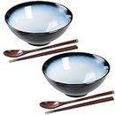 HOKELER Ceramic Japanese Ramen Bowls Set, 2 Sets, 8 Inches, 40 oz, Noodle Bowl for Ramen, Pho, Udon with Spoons and Chopsticks (Black & Blue)