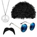 VIKSAUN Hippie Costume Set, Funky Afro Wig, Sunglasses, Moustache and Peace Sign Necklace, for 50/60/70s Theme Party, Mens & Womens Pop Hippie 70s Disco Fever Hair, Wig Costume Accessory (4 Psc)