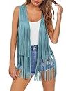 Dokotoo Womens Fringe Vest Top 70s Hippie Casual Western Party Cowgirl Shirts Sleeveless Fringe Jacket Open Front Cardigan Faux Suede Leather Tassel Party Summer Country Concert Outfits Blue XX-Large