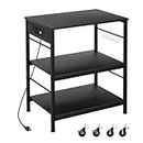 Bakers Rack with Power Outlet Microwave Shelf Stand Black Coffee Bar Table Cart 3 Tier Kitchen Carts on Wheels with Storage and 10 S-Shaped Hooks for Living Room Dining Room Office