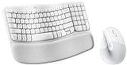 Logitech Lift Vertical Ergonomic Mouse with Wave Keys Wireless Ergonomic Keyboard with Cushioned Palm Rest - White