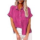 Todays Daily Deals Clearance Women's Button Down Shirts Cotton Linen Short Sleeve Blouses V Neck Casual Tunics Solid Color Work Tops with Pockets Hot Pink