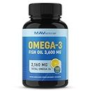 Triple Strength Omega 3 Fish Oil 3600 mg | EPA & DHA | Over 2100mg of Omega-3 Fatty Acids | Over 1300mg EPA + 860mg DHA | Best Essential Fatty Acids | Premium Burpless Softgel Supplements (180 Ct)