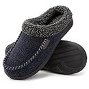HomeTop Men's Comfy Tweed Memory Foam Slipper Fuzzy Sherpa Lined Slip on House Shoes with Anti-Skid Rubber Sole (11-12, Navy Blue)