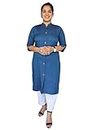 Sindoori Women Navy Blue Mandarin Collar Big Buttons Cotton Blend Kurti , Dark Bluish Long Kurta Occasion to wear Formal Event Party Office Casual Daily Regular , Chinese / Stand Patti Neck Front Straight Slit A Line Style Design Knee Length Plain Color Solid Colour , XXXX Line Size , Readymade Complete Stitched Product , 3/4th or 3 4th Roll Up Sleeves Classic Ethnic Gown , Suitable for Girls Females Adults , Alternate name Kameez Suit Plus Size ( FBC , Blue , 4XL )