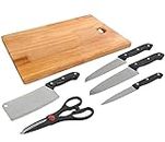 Black Olive Wooden Chopping Board with Knife Set and Scissor, 6 Piece Stainless Steel Kitchen Knife Knives Set with Knife Scissor, Knife Sets (Wooden Brown Color)