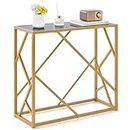 Giantex 80cm Tempered Glasstop Entryway Table, Console Table w/Gold Finished Frame, Sofa Side Table w/Heavy-Duty Metal Frame, Narrow Accent Display Table for Living Room, Hallway, Entryway