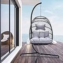 NICESOUL® Egg Chair Outdoor Indoor Patio Wicker Hanging Egg Chair Swing Hammock Egg Chairs UV Resistant Cushions 350lbs Capacity for Living Room Bedroom Balcony (Grey)