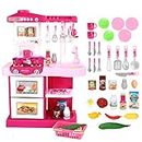 deAO My Little Chef Kitchen Play Set with 30 Accessories for Children, Features Light and Sound for Children (Pink)