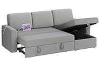 Yaheetech Sectional Sofa L-Shaped Sofa Couch Bed w/Chaise & USB, Reversible Couch Sleeper w/Pull Out Bed & Storage Space, 4-seat Fabric Convertible Sofa, Pull Out Couch Light Gray