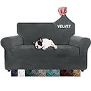 XINEAGE 1 Piece Velvet Couch Covers for 2 Cushion Couch High Stretch Loveseat Slipcover for Pets Dogs Anti Slip Love Seat Sofa Slipcover Furniture Protector (2 Seater, Grey)