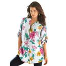 Plus Size Women's English Floral Big Shirt by Roaman's in White Hibiscus Floral (Size 44 W) Button Down Tunic Shirt Blouse