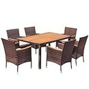 Devoko Dining 7 PCS Furniture, Patio Conversation Set with Acacia Wood Table Top, Outdoor, Beige Cushion and Brown Rattan