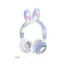 Cute Rabbit Ear Headphone, Wireless & Wired RGB Over Ear Microphone Foldable Headset for Girls Kids PC Game Music Pad Cellphone Blue