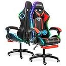 HOFFREE Gaming Chair with Massage and Led Lights Ergonomic Computer Gaming Chair with Footrest RGB Video Game Chair with High Back Lumbar Support Red and Black