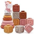 Nueplay 13 Pcs Building Circle & Blocks, Stacking & Nesting Baby Toys with Horse Figure, Early Educational Squeeze Teething Toy Gifts for 6 12 18 Months Baby Toddler Girls Boys