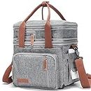 Adult Insulated Lunch Box for Work, Expandable Large Lunch Bags for Women Men, Leakproof Double Deck Lunch Box Cooler Tote Bag with Removable Shoulder Strap (Grey)