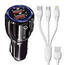 30W Car Charger for Apple iPhone 6s Plus Dual USB Port High Speed Quick Rapid Fast Turbo Charge QC 3.0 Smart with 1.2m 3-in-1 Multi Cable Micro USB Android iOS Type-C USB Cable (Black, RV.C)