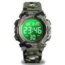 cofuo Kids Digital Sports Watch for Boys Girls, Boy Waterproof Casual Electronic Analog Quartz 7 Colorful Led Watches with Alarm Stopwatch Silicone Band Luminous Wristatches, Green camouflage, Digital