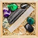 Grade Crystals and Healing Stones for Protection EMF in Wooden Box– Obsidian, Fluorite, Malachite, Hematite, Amethyst, Tree Agate, Quartz, Selenite, Tourmaline Gemstones + Info Guide, Gift Kit