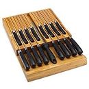 in-Drawer Knife Block,Bamboo Knife Drawer Organizer Insert, Kitchen Knife Drawer Storage for 16 Knives Plus a Slot for Your Knife Sharpener (Without Knives)