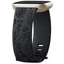 Oielai Tournesol Gravé Bracelet Compatible avec Bracelet Fitbit Versa 3/Fitbit Versa 4/Fitbit Sense/Fitbit Sense 2 Femmes, Brecelet en Silicone pour Versa 3/Versa 4/Sense 2/Sense, P Noir