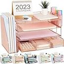 gianotter Paper Letter Tray Organizer with File Holder, 4-Tier Desk Accessories & Workspace Desk Organizers with Drawer and 2 Pen Holder for Office Supplies (Rose Gold)