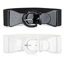 WERFORU 2 Pack Women Wide Stretchy Belt Elastic Cinch Belt Retro Stylish Elasticated Waist Belt for Dresses Black/White
