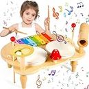 POWZOO Tambor Juguetes Musicales,10 IN 1 Juguetes Instrumentos Musicales Madera,Juguetes Montessori,Bateria Regalo Niño 3 4 5 6 Año,Regalos para Niños de Navidad y Cumpleaños.