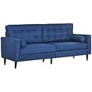 HOMCOM Mid-Century Sofa, Couch with Button-Tufted Back Cushion, Velvet Feel Fabric Upholstery, 2 Cylindrical Pillows and Rubber Wood Legs, Dark Blue